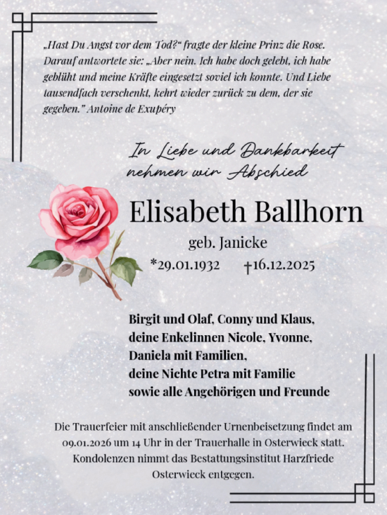 Traueranzeige von Elisabeth Ballhorn von Volksstimme Halberstadt