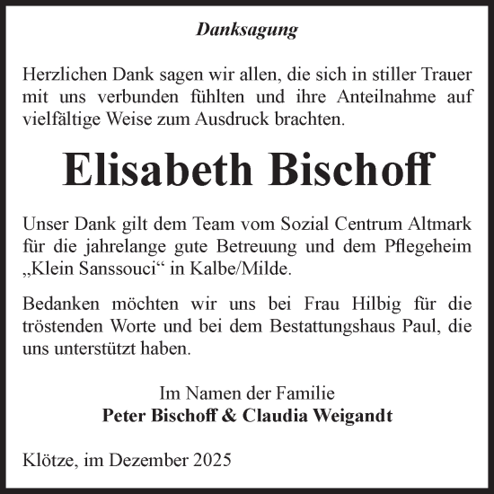 Traueranzeige von Elisabeth Bischoff von Volksstimme Altmark West