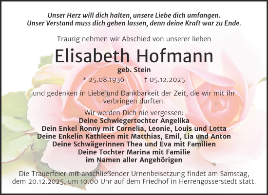 Traueranzeige von Elisabeth Hofmann von Super Sonntag Naumburg/Nebra