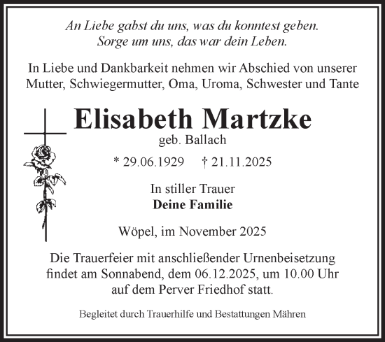 Traueranzeige von Elisabeth Martzke von Volksstimme Altmark West