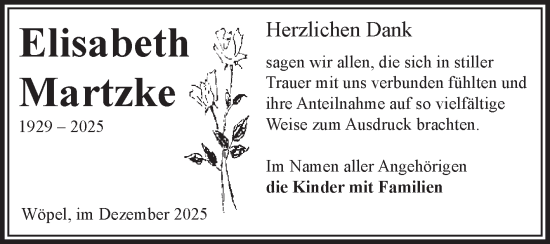 Traueranzeige von Elisabeth Martzke von Volksstimme Altmark West