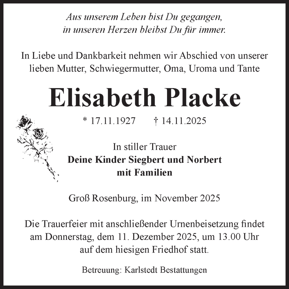  Traueranzeige für Elisabeth Placke vom 29.11.2025 aus Volksstimme Schönebeck