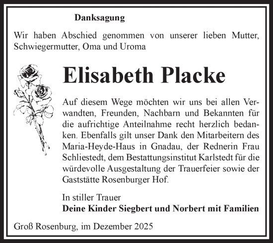 Traueranzeige von Elisabeth Placke von Volksstimme Schönebeck