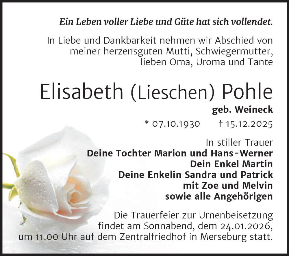  Traueranzeige für Elisabeth Pohle vom 20.12.2025 aus Trauerkombi Merseburg