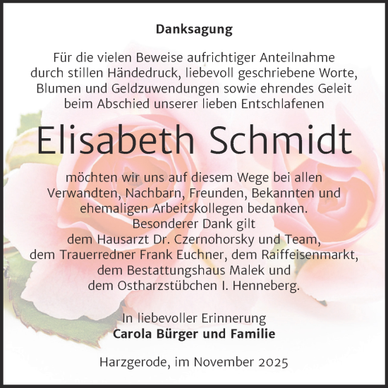 Traueranzeige von Elisabeth Schmidt von Trauerkombi Quedlinburg