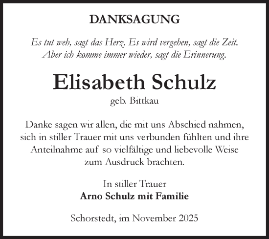 Traueranzeige von Elisabeth Schulz von Volksstimme Altmark Ost