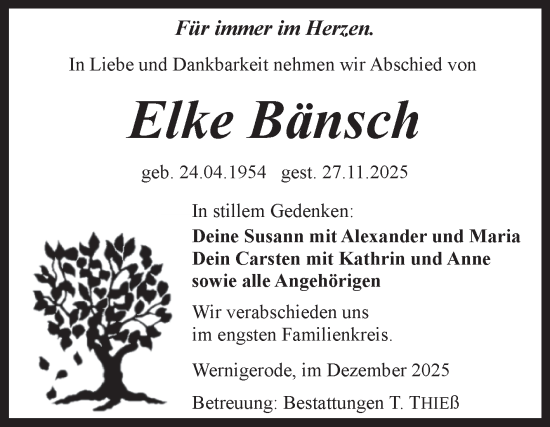 Traueranzeige von Elke Bänsch von Volksstimme Wernigerode