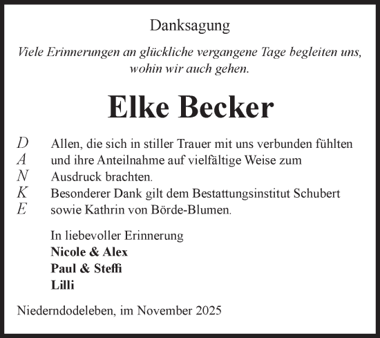 Traueranzeige von Elke Becker von Volksstimme Oschersleben/Wanzleben