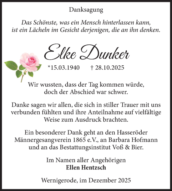Traueranzeige von Elke Dunker von Volksstimme Wernigerode
