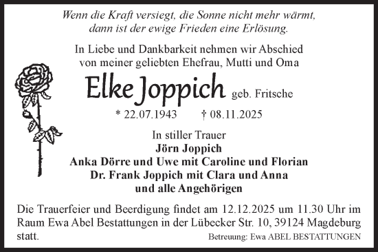 Traueranzeige von Elke Joppich von Volksstimme Magdeburg