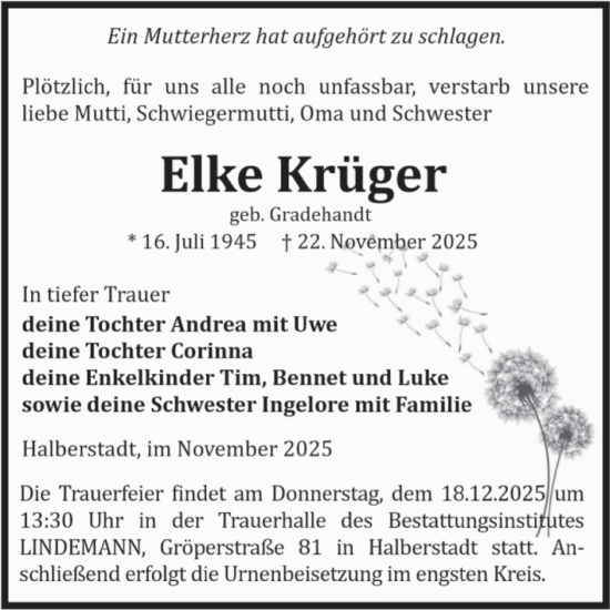 Traueranzeige von Elke Krüger von Volksstimme Halberstadt