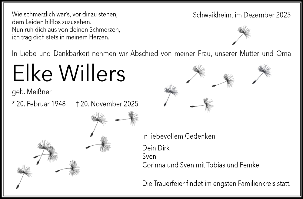  Traueranzeige für Elke Willers vom 06.12.2025 aus Super Sonntag Merseburg/Querfurt