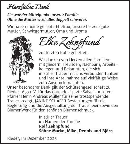 Traueranzeige von Elke Zehnpfund von Trauerkombi Quedlinburg