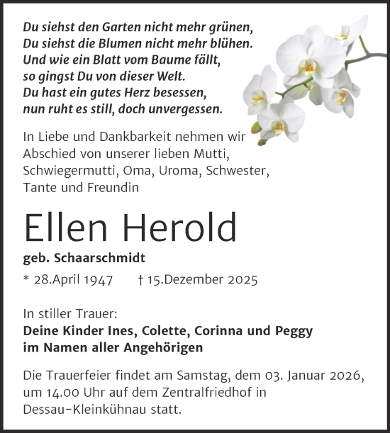 Traueranzeige von Ellen Herold von Trauerkombi Dessau