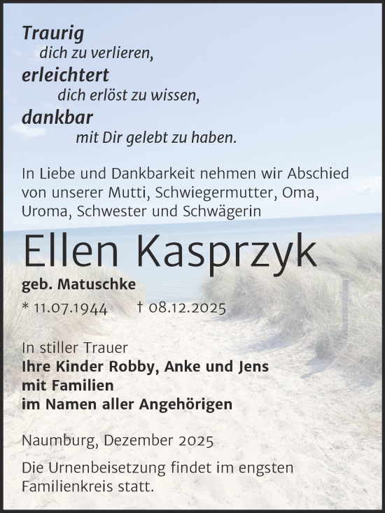 Traueranzeige von Ellen Kasprzyk von Naumburger Tageblatt