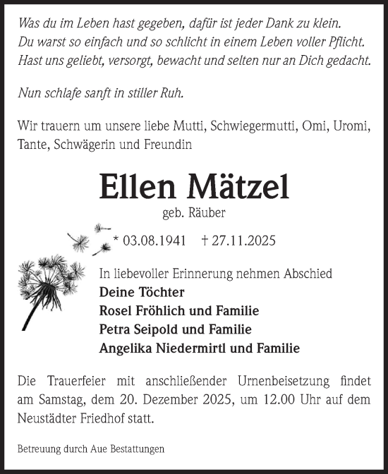 Traueranzeige von Ellen Mätzel von Volksstimme Magdeburg