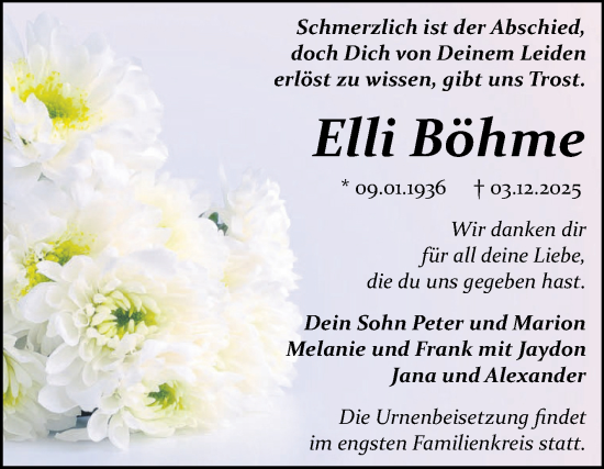Traueranzeige von Elli Böhme von Trauerkombi Bitterfeld