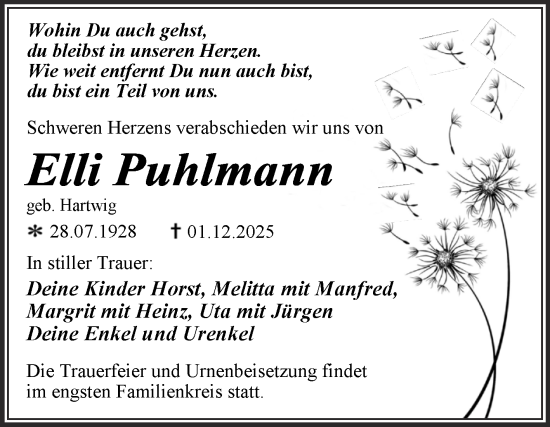 Traueranzeige von Elli Puhlmann von Trauerkombi Wittenberg