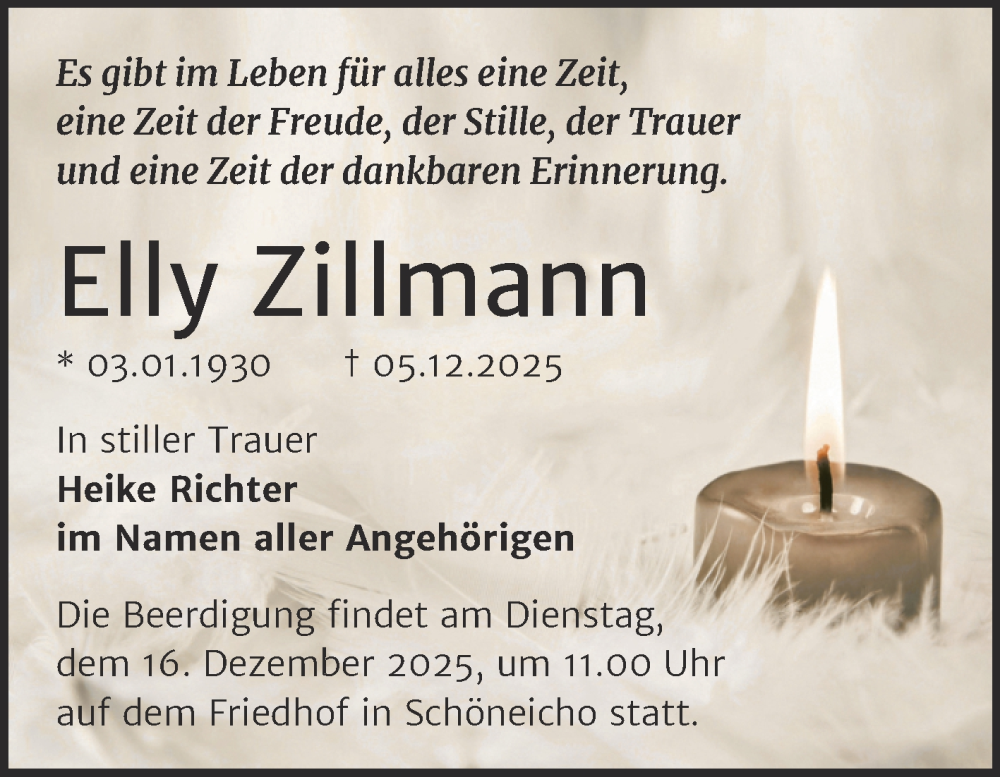  Traueranzeige für Elly Zillmann vom 10.12.2025 aus Trauerkombi Wittenberg