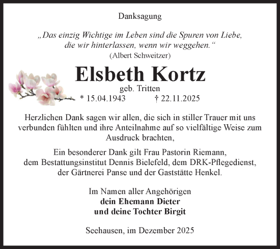 Traueranzeige von Elsbeth Kortz von Volksstimme Altmark Ost