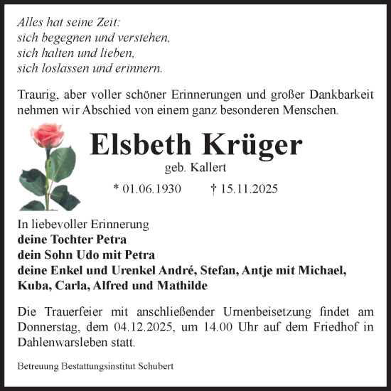 Traueranzeige von Elsbeth Krüger von Volksstimme Haldensleben/Wolmirstedt