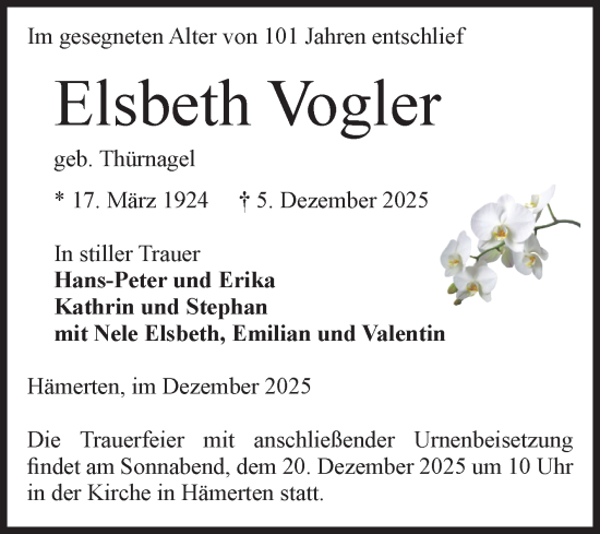 Traueranzeige von Elsbeth Vogler von Volksstimme Altmark Ost