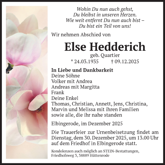 Traueranzeige von Else Hedderich von Volksstimme Wernigerode