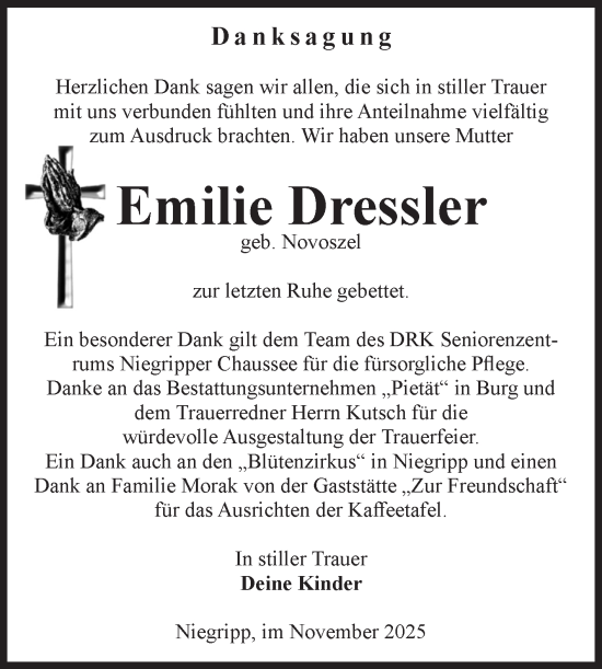 Traueranzeige von Emilie Dressler von Volksstimme Burg/Genthin