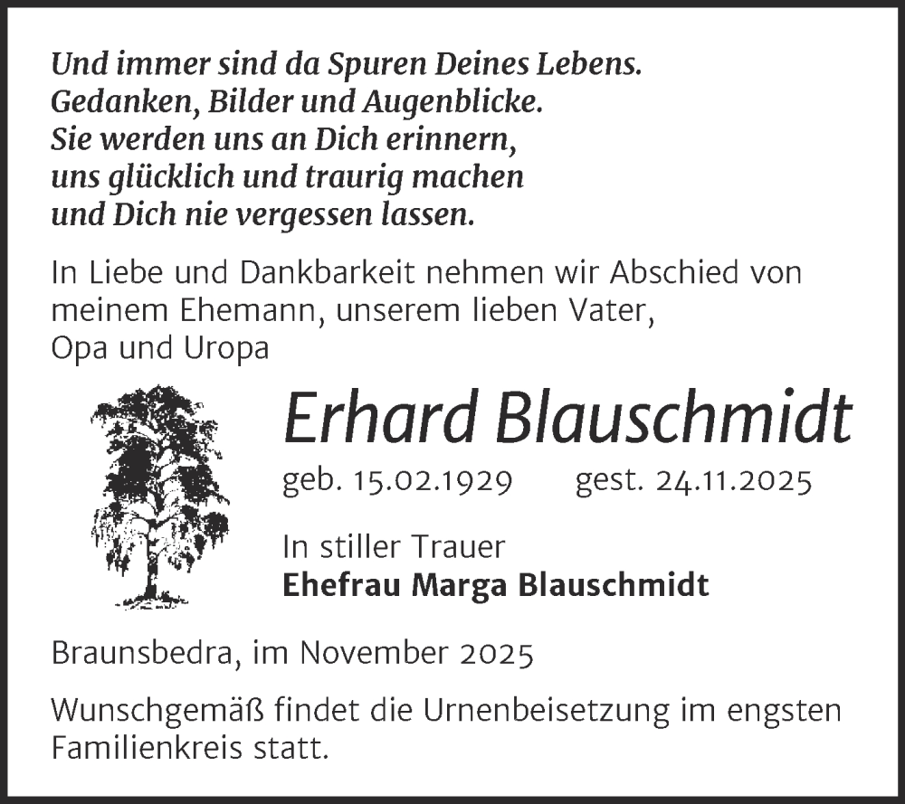 Traueranzeige für Erhard Blauschmidt vom 06.12.2025 aus Trauerkombi Merseburg