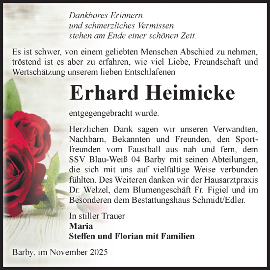 Traueranzeige von Erhard Heimicke von Volksstimme Schönebeck