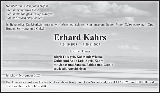Traueranzeige von Erhard Kahrs von Volksstimme Burg/Genthin