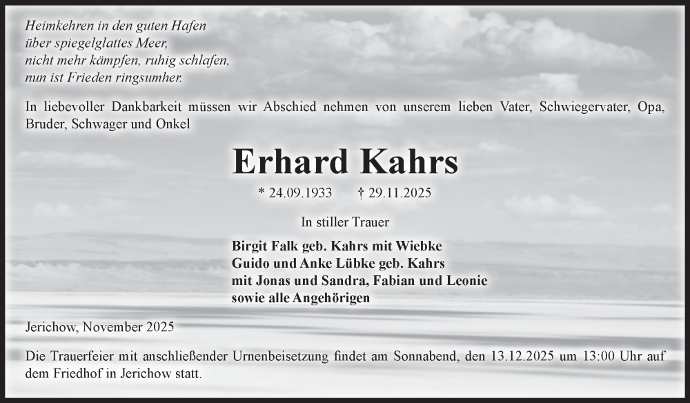 Traueranzeige für Erhard Kahrs vom 06.12.2025 aus Volksstimme Burg/Genthin