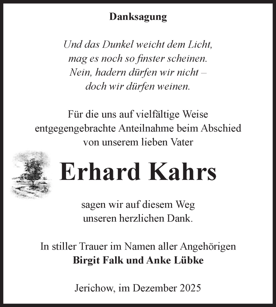  Traueranzeige für Erhard Kahrs vom 20.12.2025 aus Volksstimme Burg/Genthin