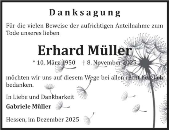 Traueranzeige von Erhard Müller von Volksstimme Halberstadt