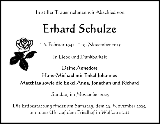 Traueranzeige von Erhard Schulze von Volksstimme Altmark Ost