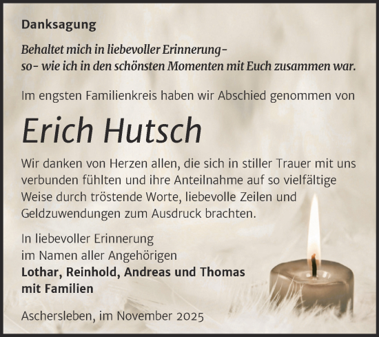 Traueranzeige von Erich Hutsch von Trauerkombi Aschersleben