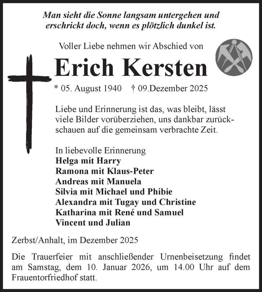  Traueranzeige für Erich Kersten vom 27.12.2025 aus Volksstimme Zerbst
