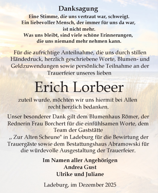 Traueranzeige von Erich Lorbeer von Volksstimme Zerbst