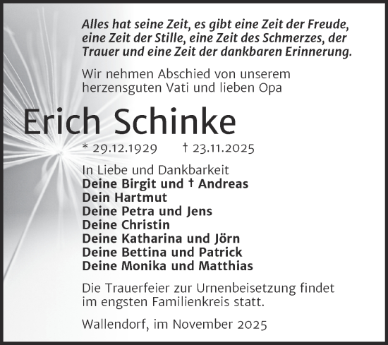 Traueranzeige von Erich Schinke von Trauerkombi Merseburg