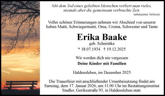 Traueranzeige von Erika Baake von Volksstimme Haldensleben/Wolmirstedt