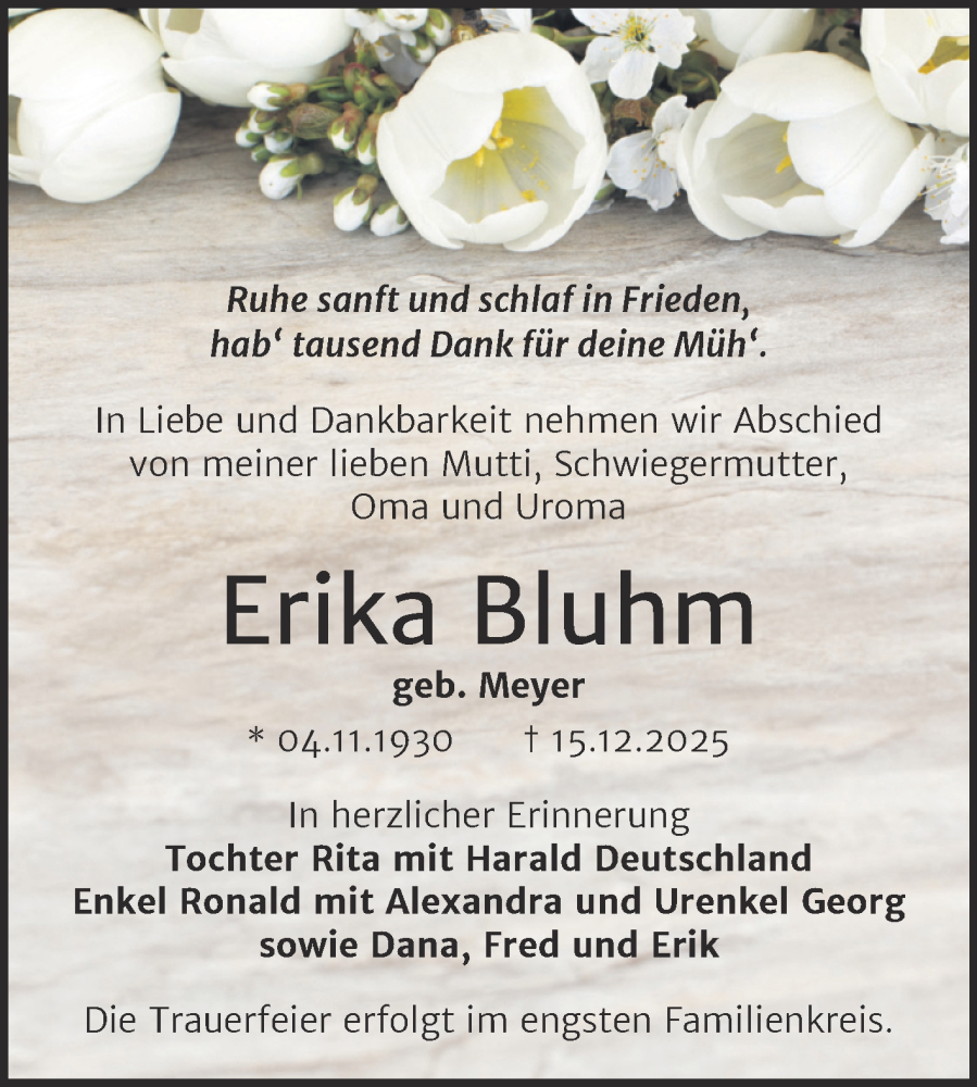  Traueranzeige für Erika Bluhm vom 27.12.2025 aus Trauerkombi Dessau