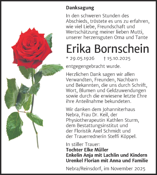 Traueranzeige von Erika Bornschein von Super Sonntag Naumburg/Nebra