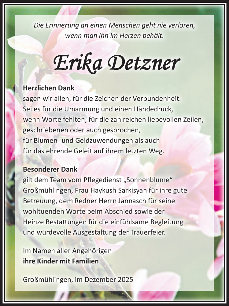  Traueranzeige für Erika Detzner vom 27.12.2025 aus Volksstimme Schönebeck