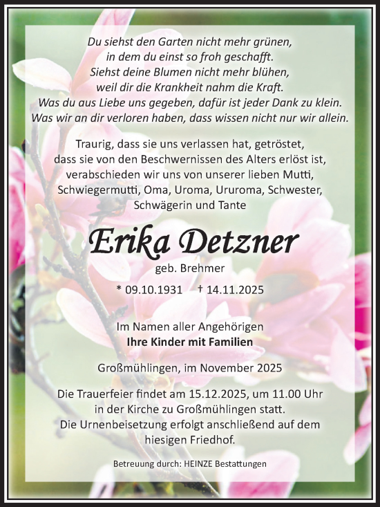 Traueranzeige von Erika Detzner von Volksstimme Schönebeck