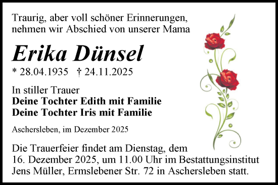 Traueranzeige von Erika Dünsel von Trauerkombi Aschersleben