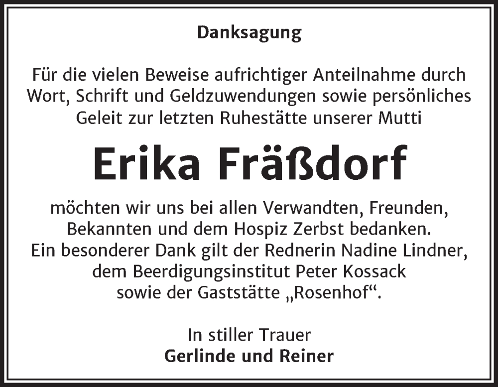  Traueranzeige für Erika Fräßdorf vom 06.12.2025 aus Trauerkombi Dessau