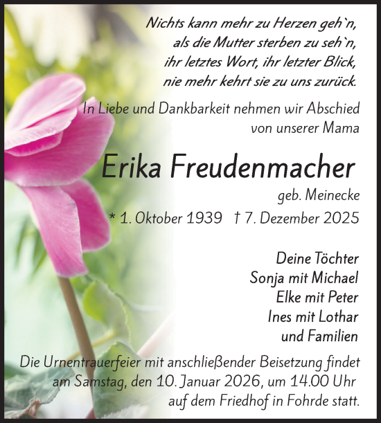 Traueranzeige von Erika Freudenmacher von Volksstimme Burg/Genthin