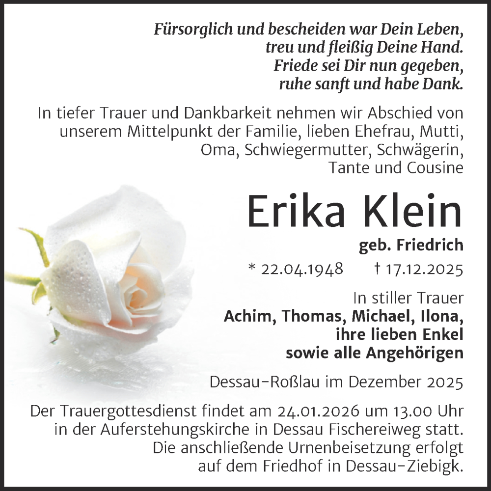  Traueranzeige für Erika Klein vom 27.12.2025 aus Trauerkombi Dessau