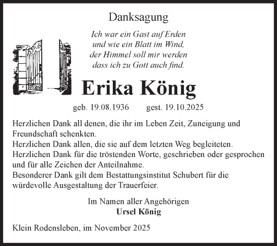 Traueranzeige von Erika König von Volksstimme Oschersleben/Wanzleben
