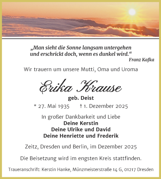 Traueranzeige von Erika Krause von Trauerkombi Zeitz